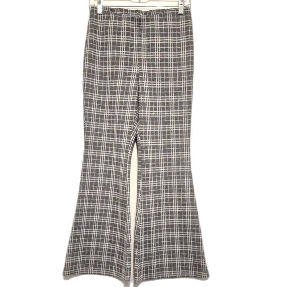 Umgee Gray Plaid Pull On Flare Pants S Y2K Bell Bottom Stretch Preppy Retro